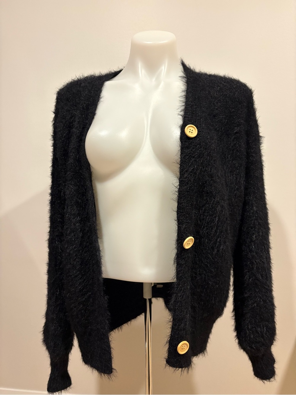 Fuzzy Black Button-Front Cardigan - Picture 3 of 4